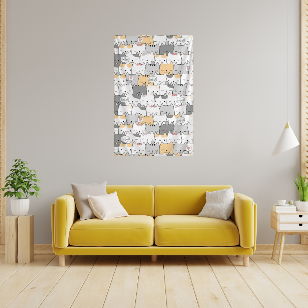 Konuşma Balonlu Sevimli Karikatür Kediler Deseni Duvar Örtüsü