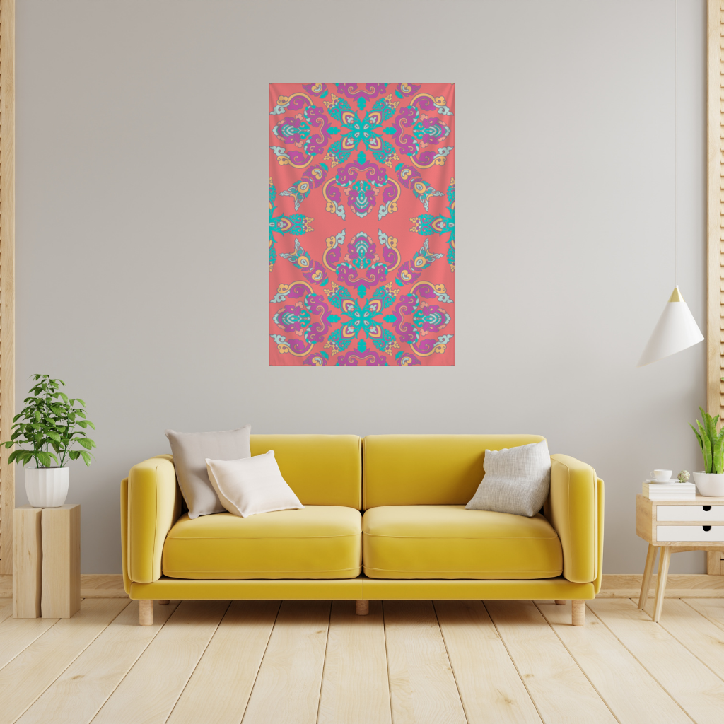 Vibrant Red Oriental Mandala Pattern Wall Tapestry