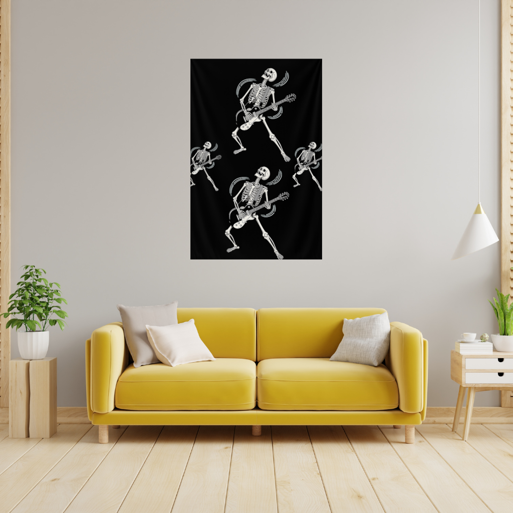 Rock Guitar Playing Skeleton Pattern on Black Wall Tapestry
