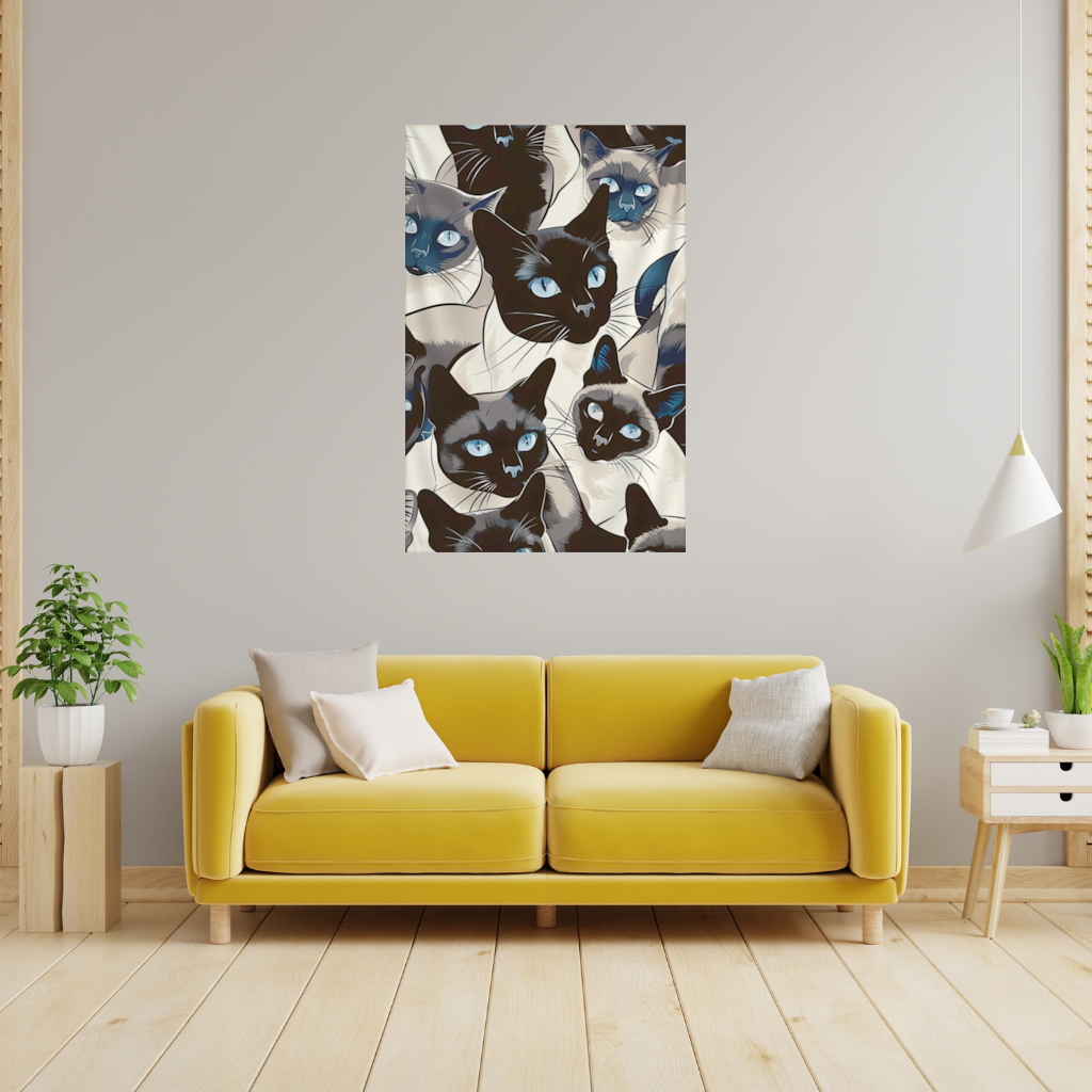 Mavi Gözlü Siyam Kedisi Desenli Şık İllüstrasyon Duvar Örtüsü