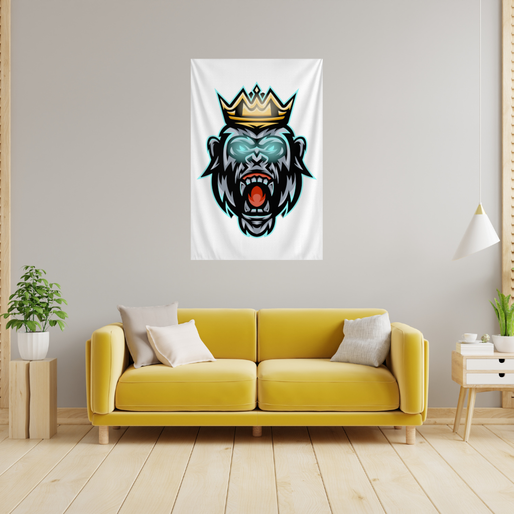 Angry Gorilla King with Crown Graphic - Neon Mascot Design Wall Tapestry
