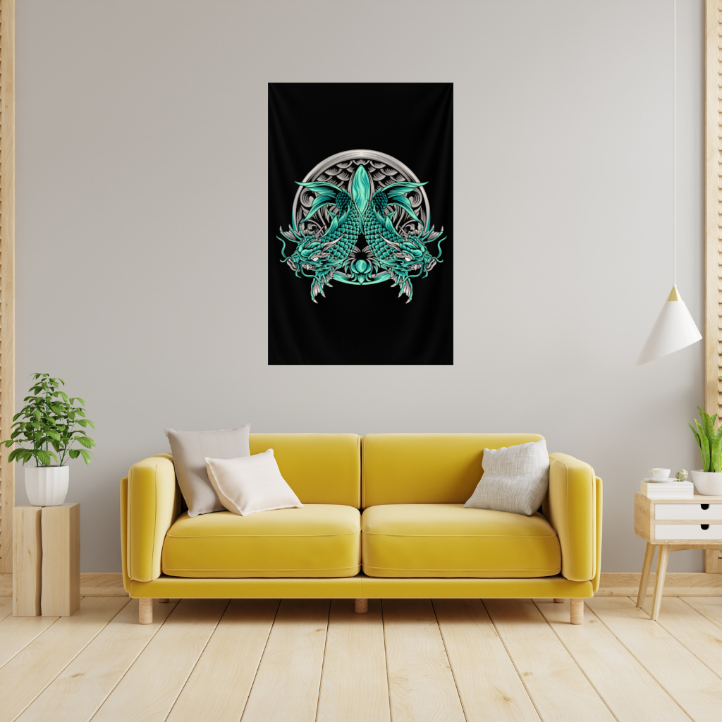 Turkuaz Çift Ejderha Amblem Tasarımı Duvar Örtüsü