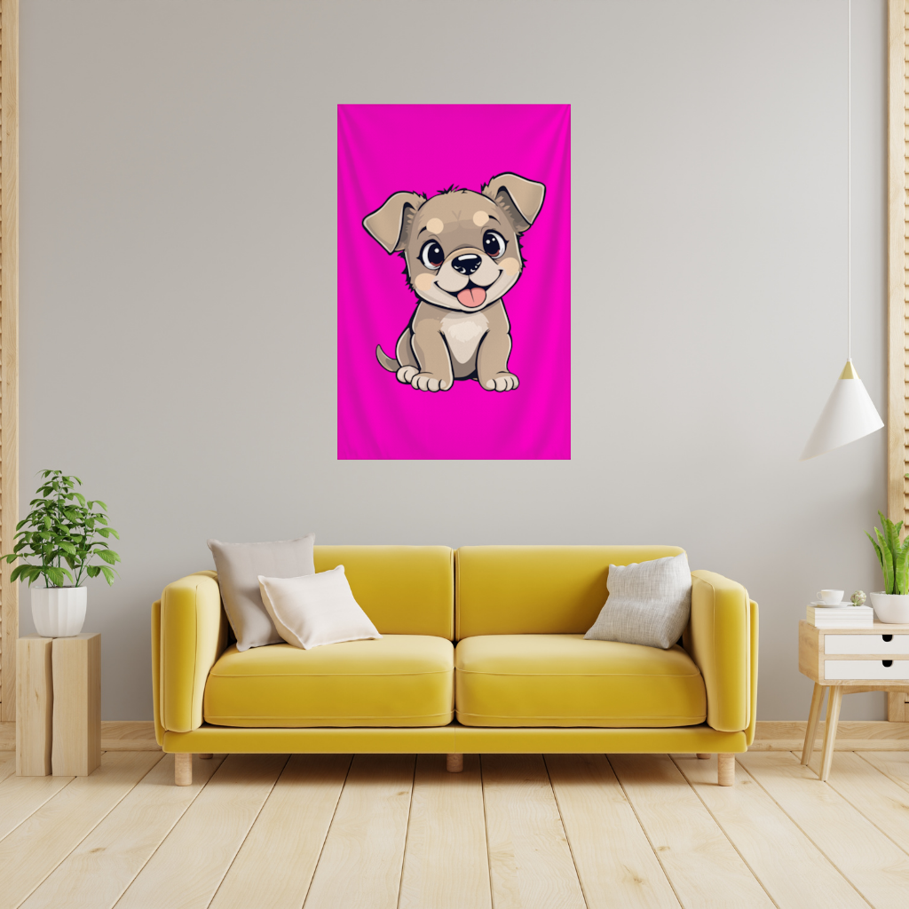 Pembe Arka Planlı Sevimli Köpek Çizimi Duvar Örtüsü