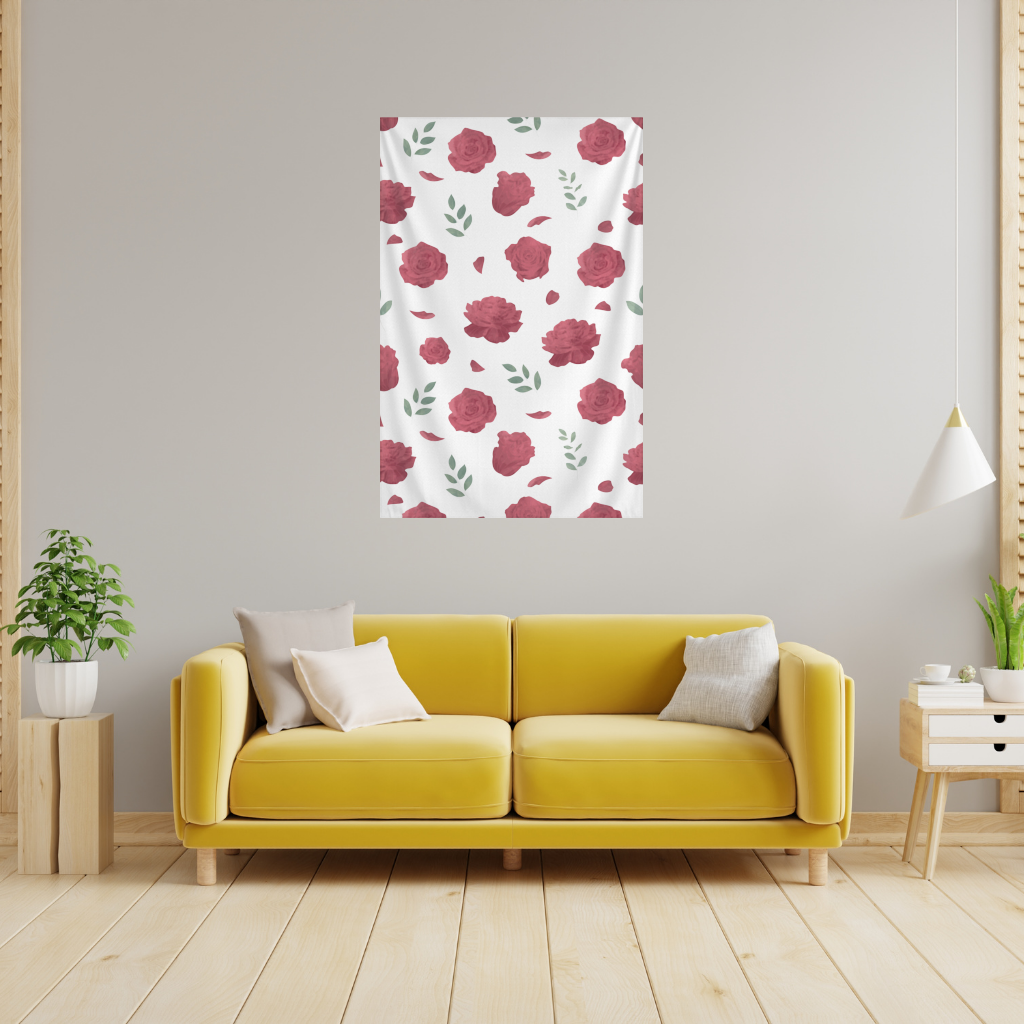 Red Rose and Leaf Romantic Seamless Pattern Wall Tapestry