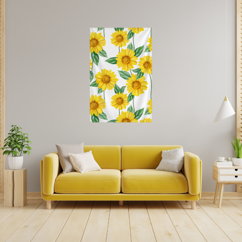 Vibrant Yellow Sunflower and Green Leaf Pattern Illustration 