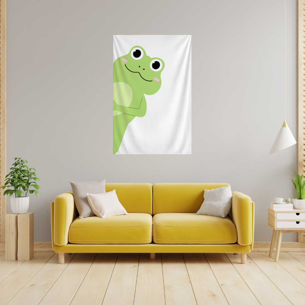 Cute Green Frog Peek-a-Boo Illustration Wall Tapestry