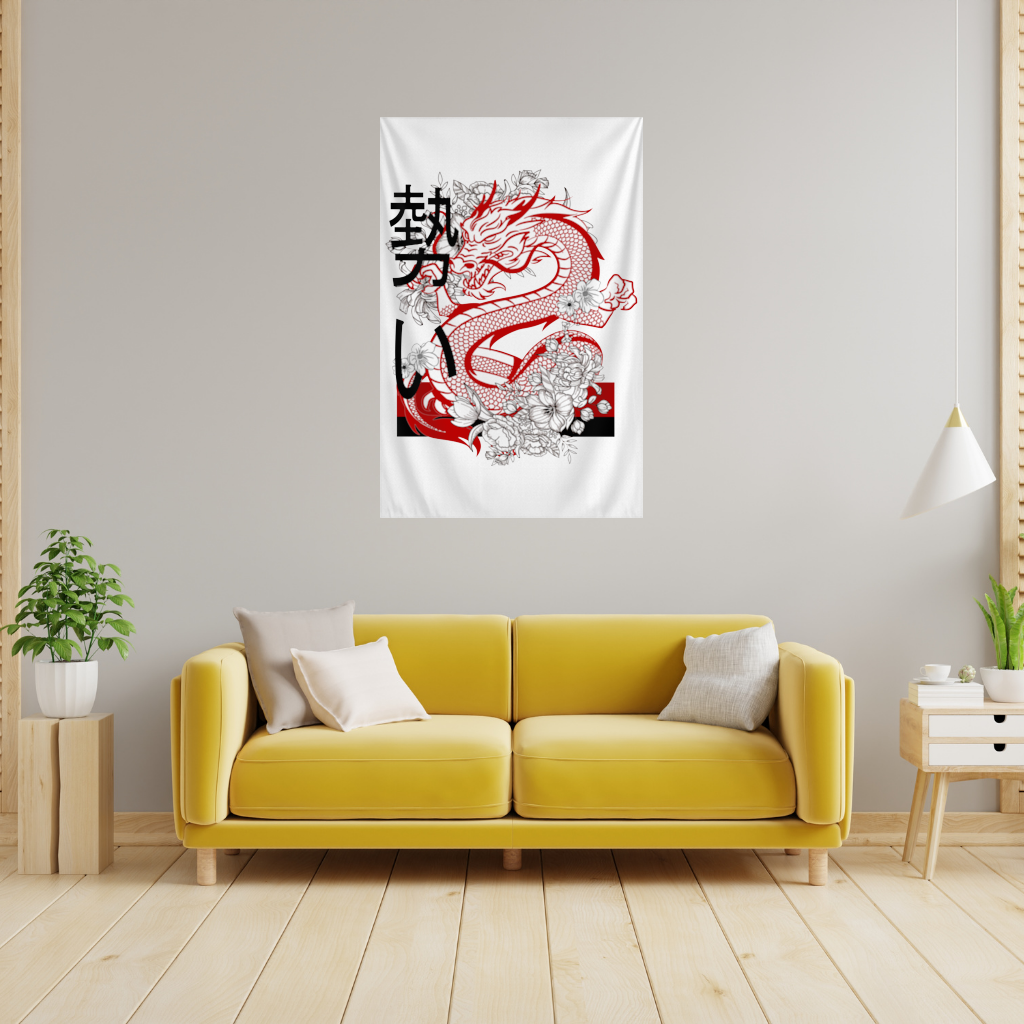 Japanese Dragon with Floral Design Wall Tapestry