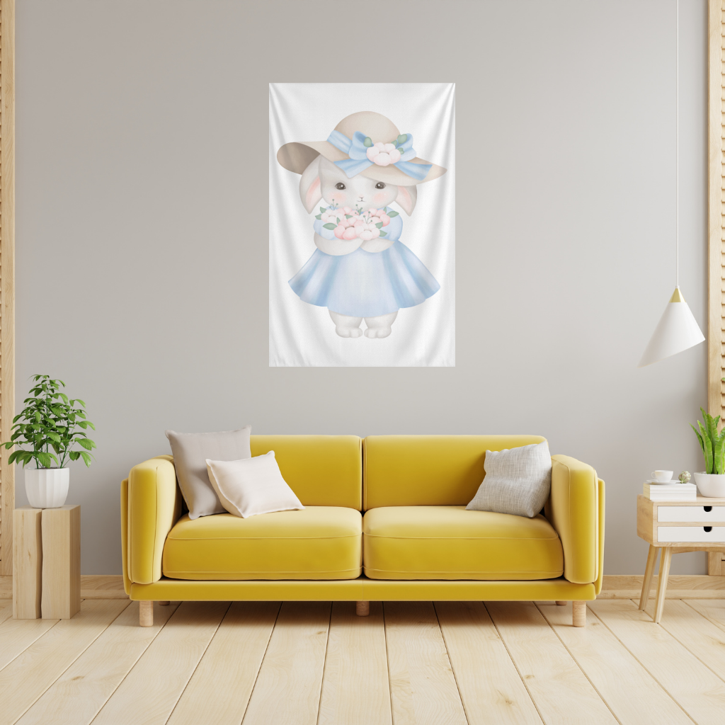 Cute Bunny with Hat Holding Flowers Wall Tapestry