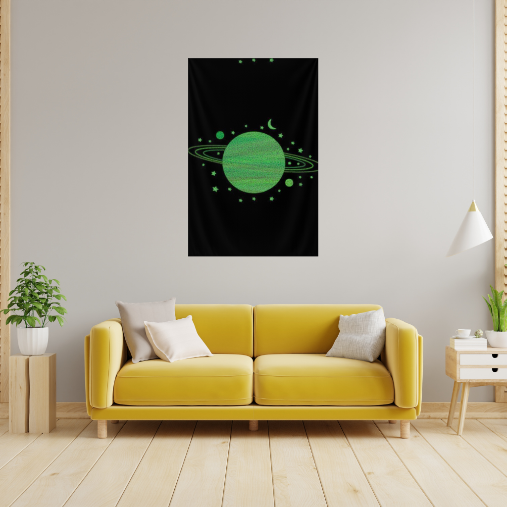 Green planets on a black background. Wall Tapestry