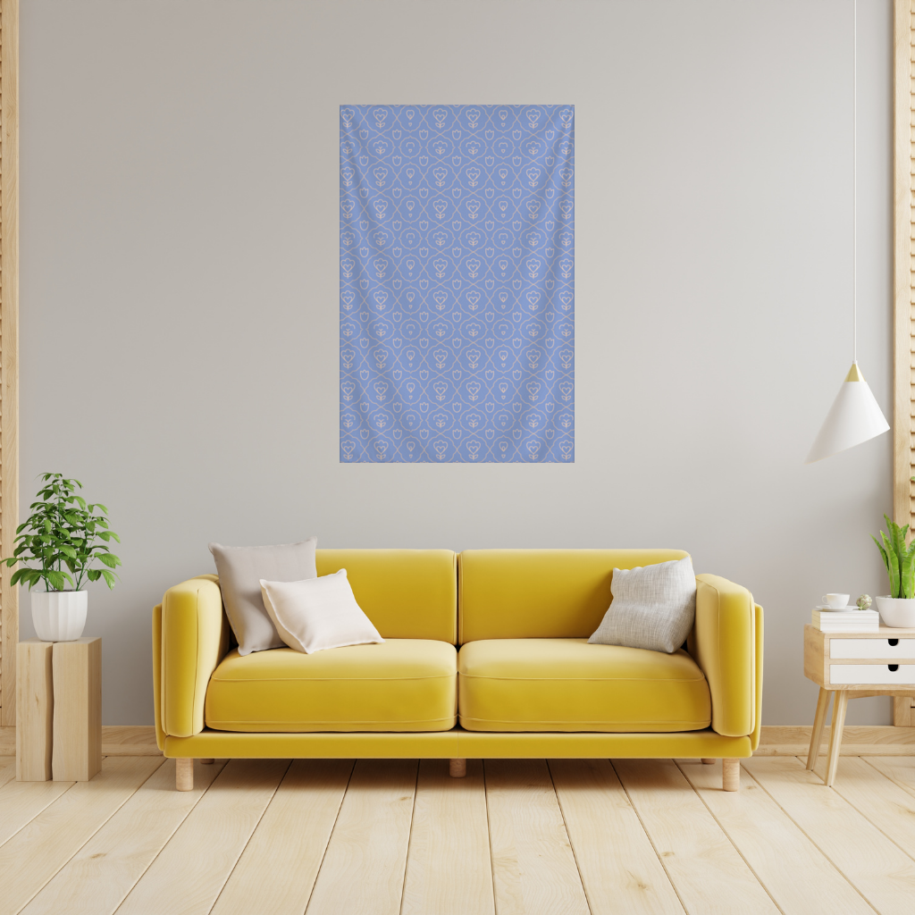 Orange Linear Floral Pattern on Blue Wall Tapestry