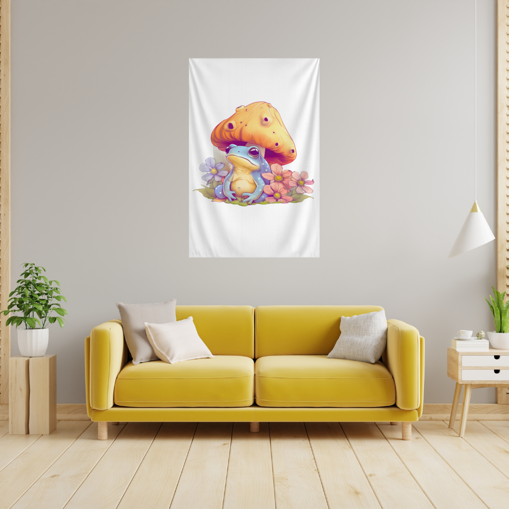 Blue Frog Resting Under Orange Mushroom Wall Tapestry