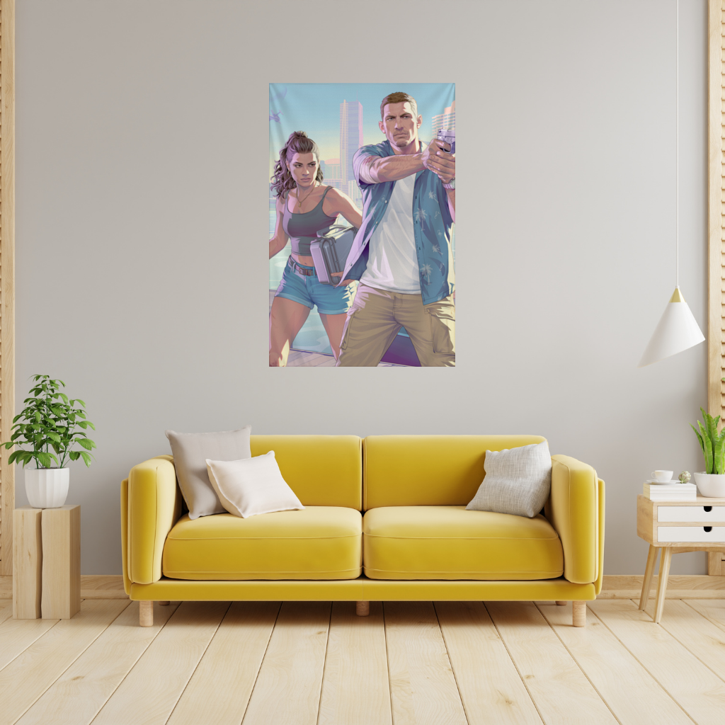Vice City Showdown  Tropical Heist Duo Wall Tapestry