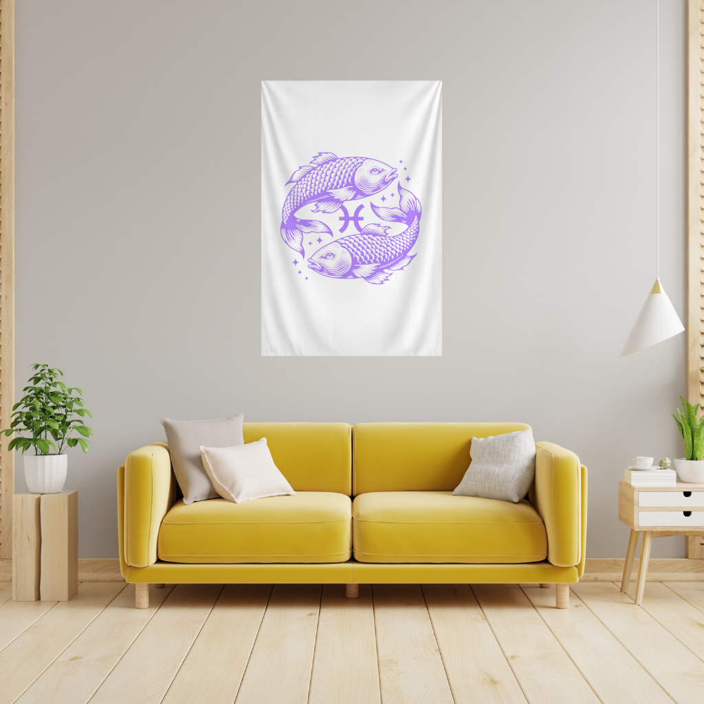Pisces Zodiac Symbol with Purple Fish Art Wall Tapestry