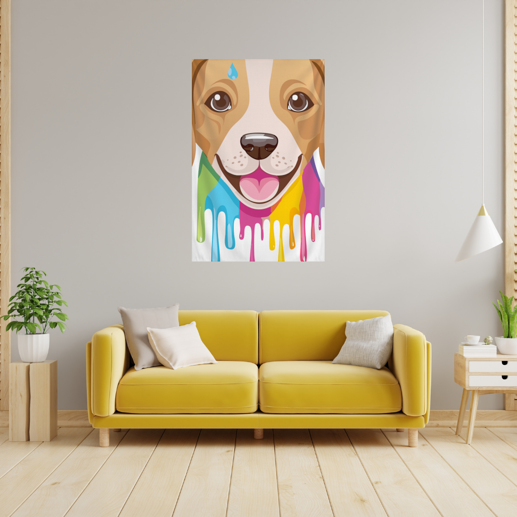 Happy Dog with Colorful Paint Drips Wall Tapestry