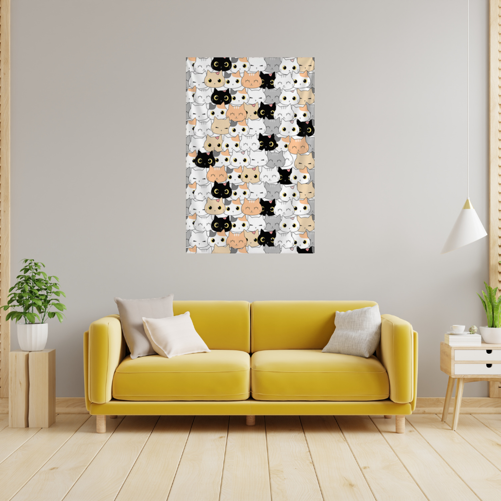 Colorful Cute Cat Faces Seamless Pattern Wall Tapestry