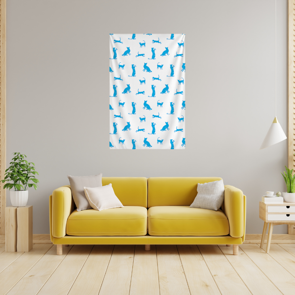 Blue Cat Silhouettes Seamless Pattern Wall Tapestry