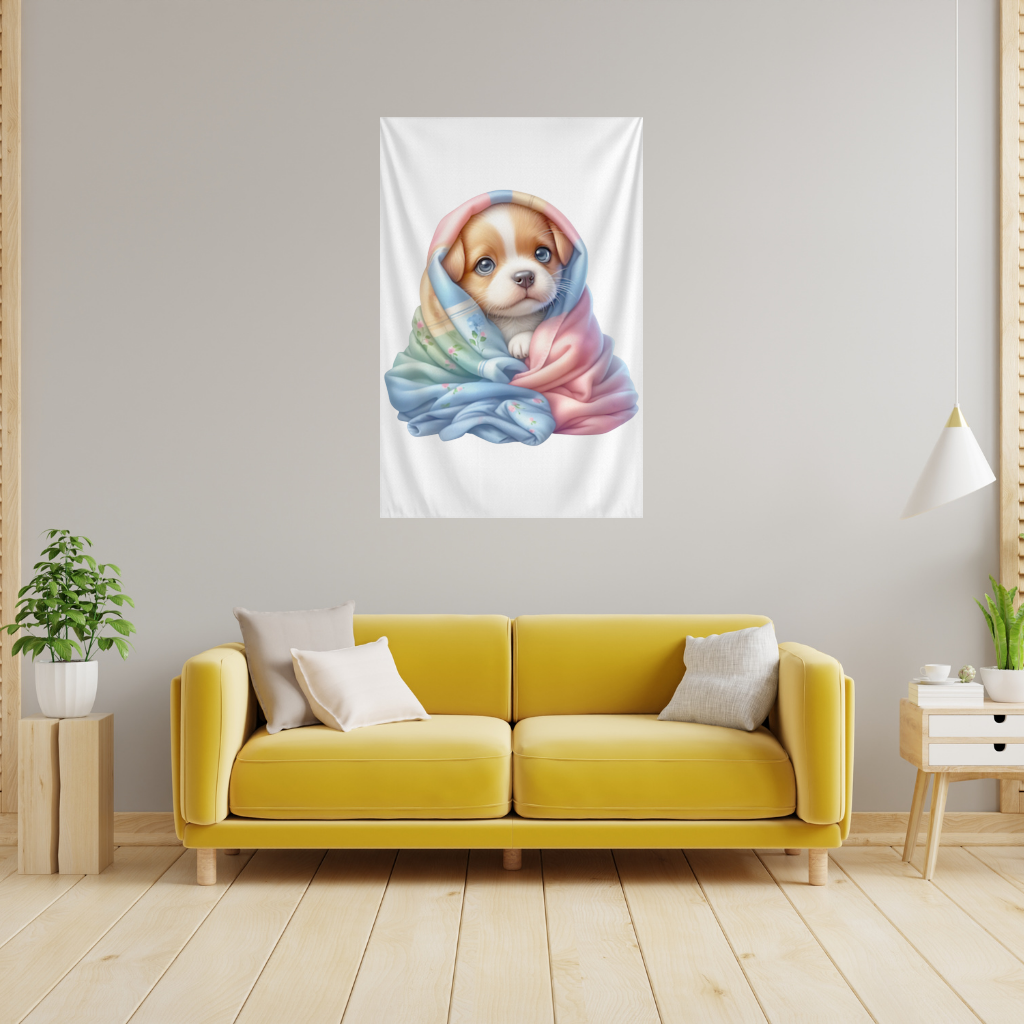 Cute Puppy Wrapped in Colorful Blanket Wall Tapestry