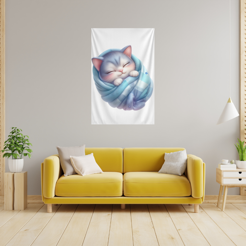 Kawaii Sleeping Kitten in Blue Swaddle Wall Tapestry