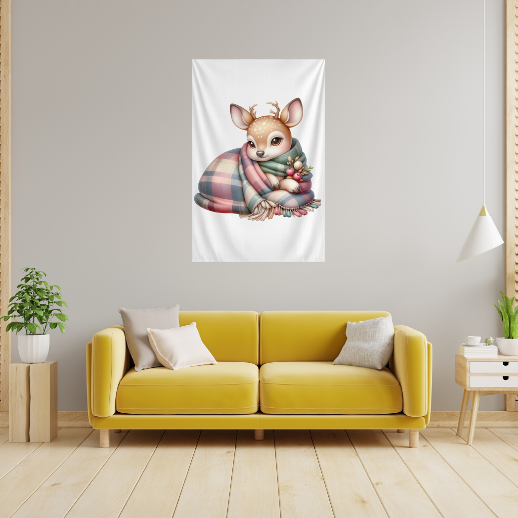 Kawaii Baby Deer with Plaid Scarf Wall Tapestry