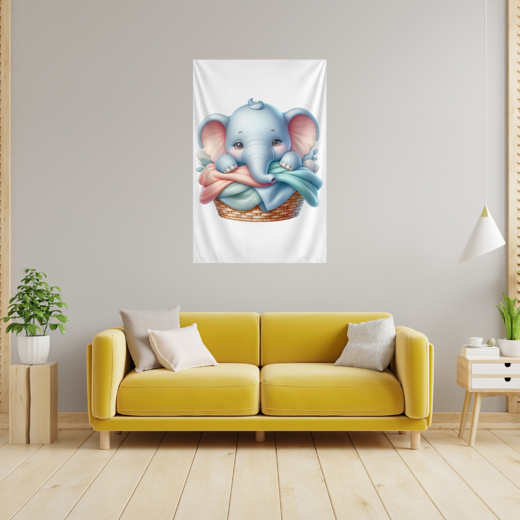 Cute Baby Elephant in Basket Wall Tapestry