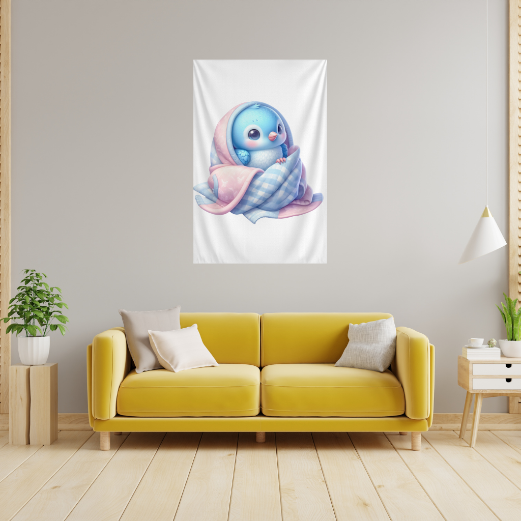 Kawaii Blue Bird in Blanket Wall Tapestry