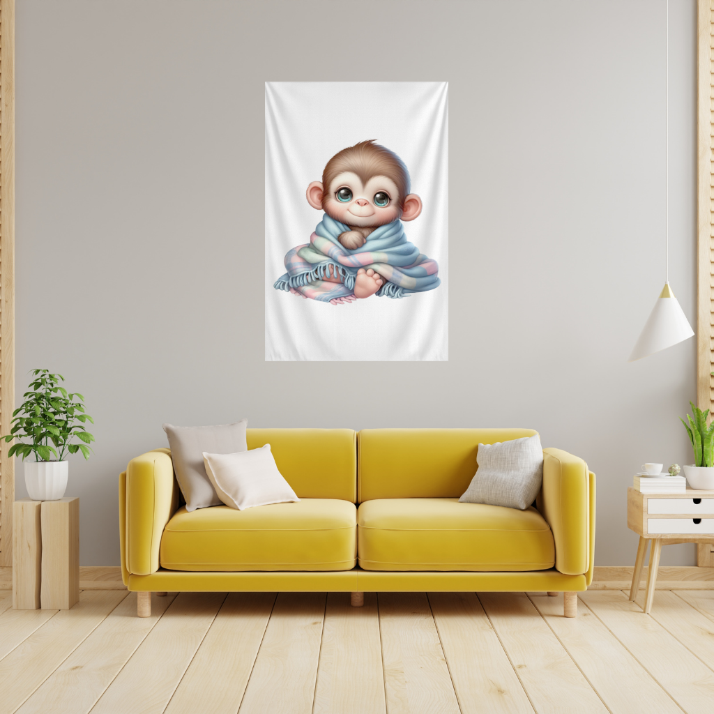 Cute Baby Monkey Wrapped in Blanket Wall Tapestry