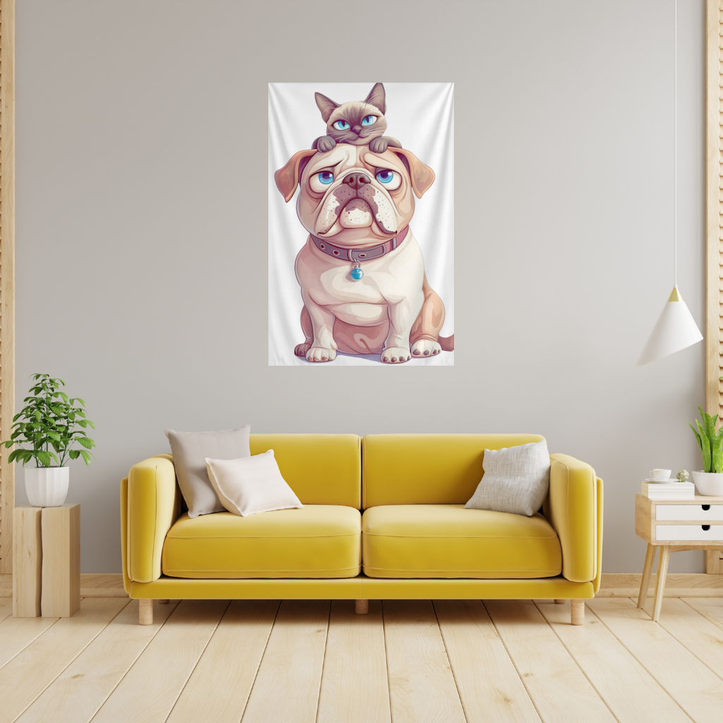 Sad Pug with Siamese Cat on Head Wall Tapestry