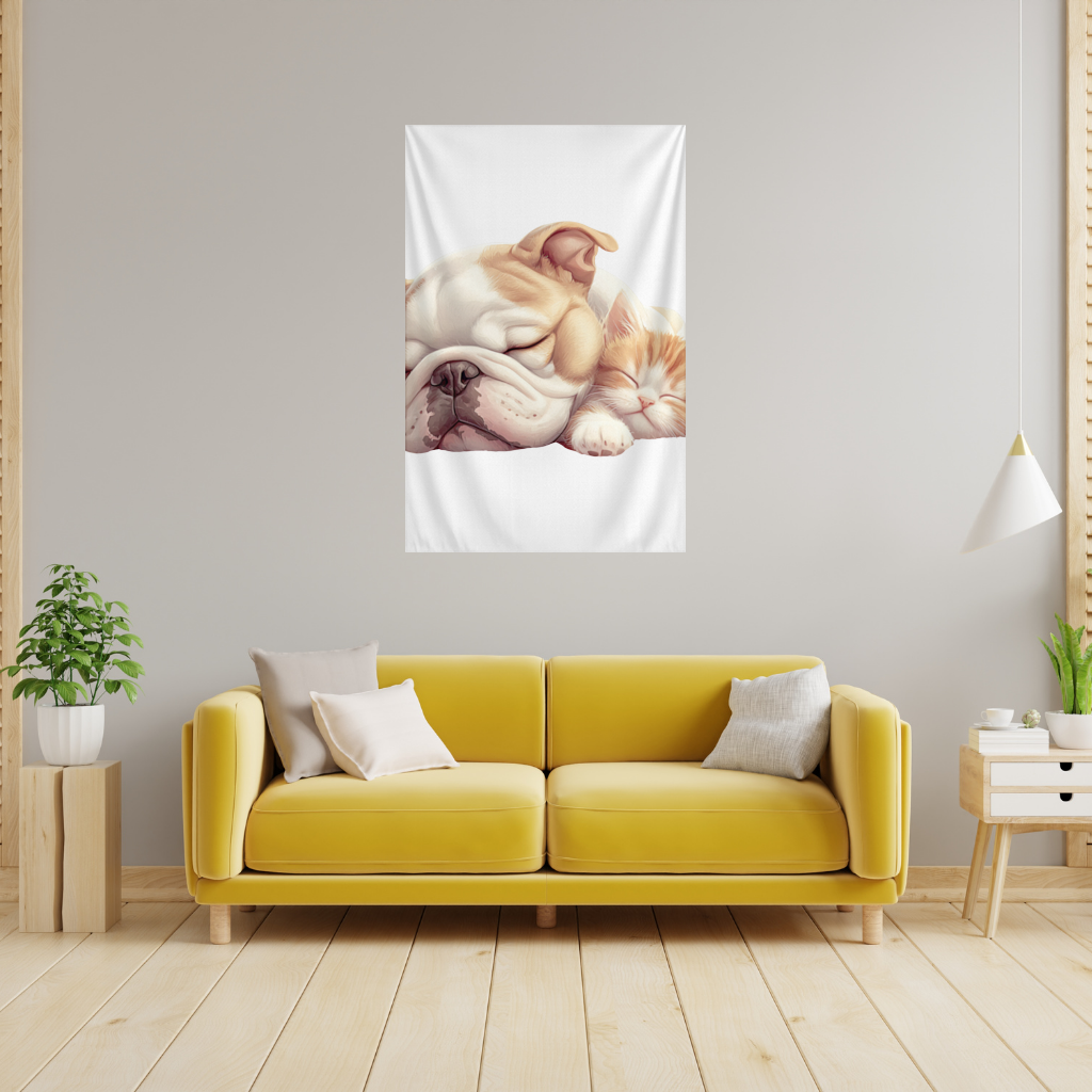 Sleeping Bulldog and Ginger Kitten Wall Tapestry
