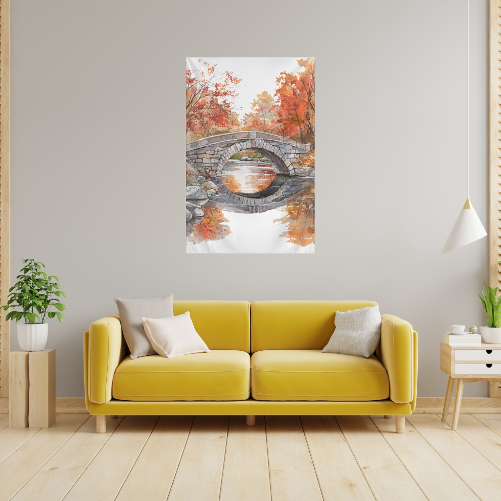 Autumn Stone Arch Bridge Over River Wall Tapestry
