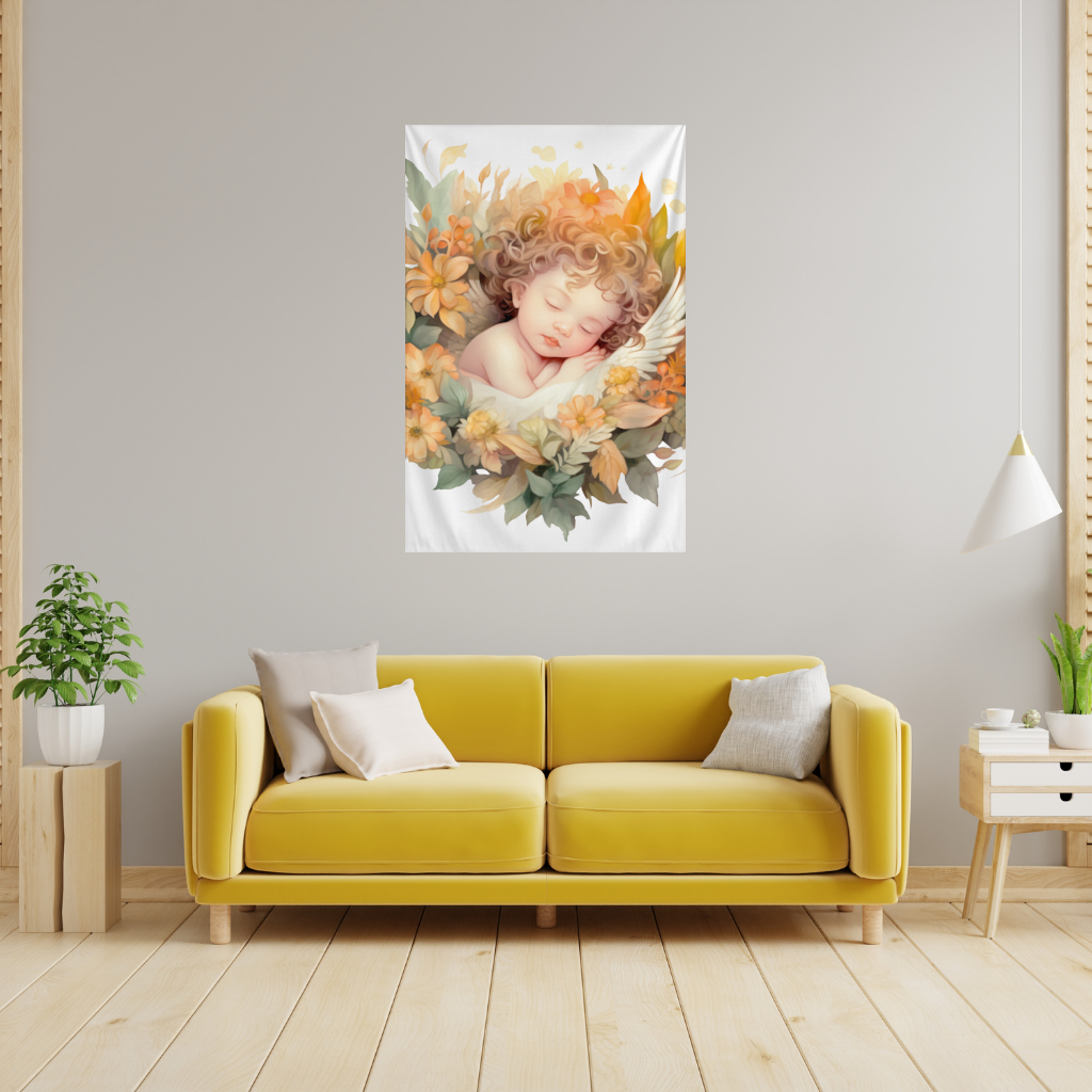 Sleeping Cherub in Cottagecore Flowers Wall Tapestry