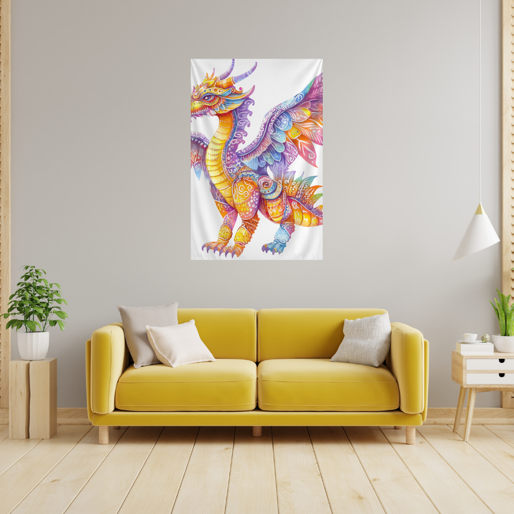 Vibrant Rainbow Mythical Dragon Wall Tapestry