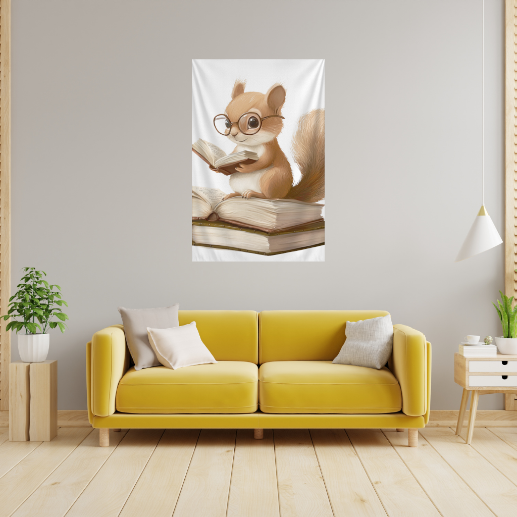 Scholarly Squirrel Reading on Book Stack Wall Tapestry