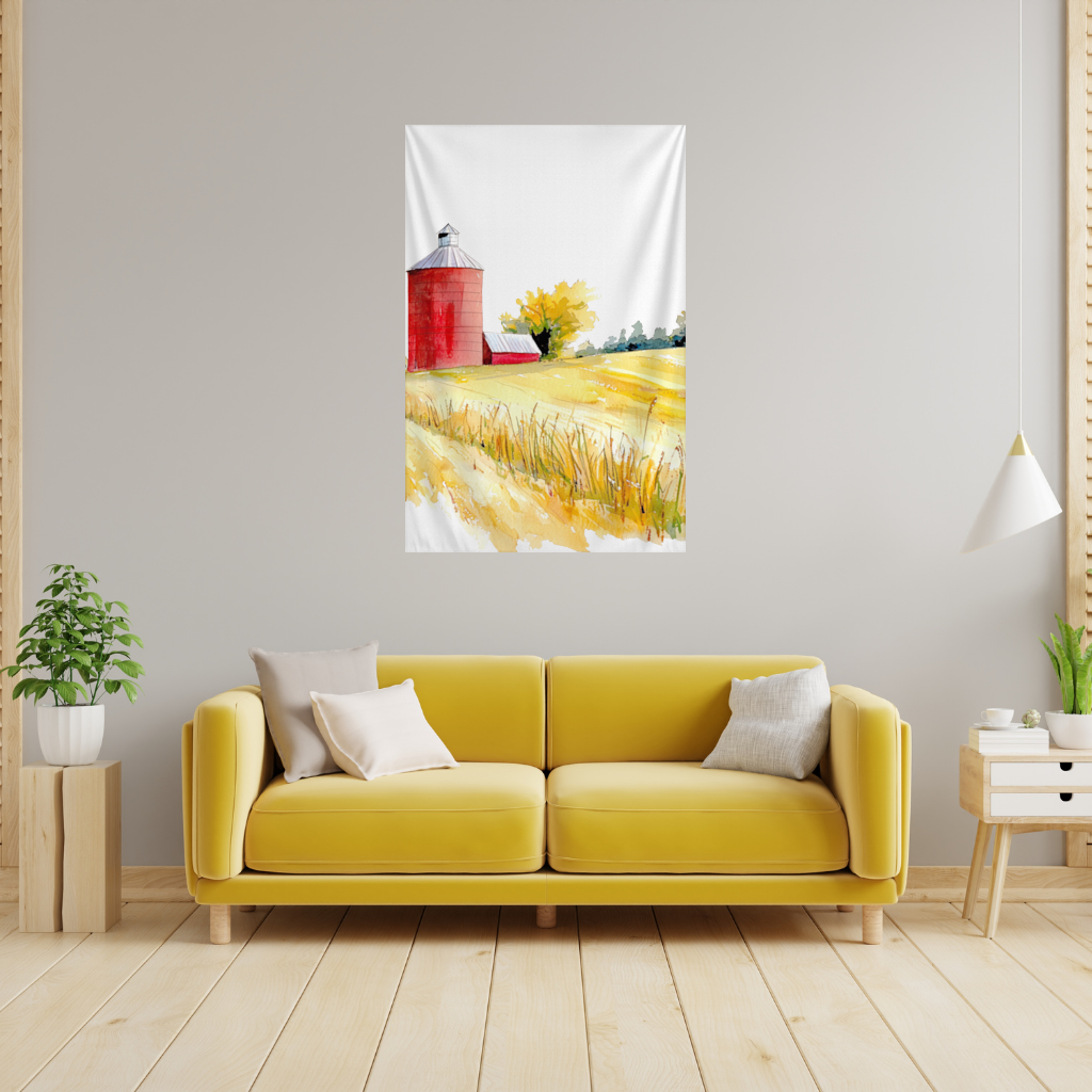 Red Farm Silo and Golden Wheat Field Wall Tapestry