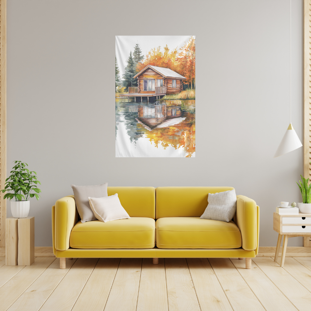 Lakeside Log Cabin Autumn Landscape Wall Tapestry
