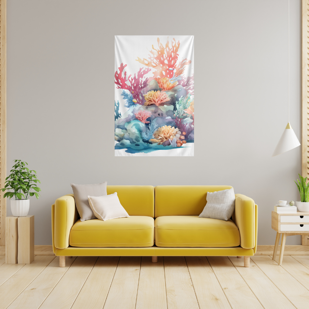 Vibrant Watercolor Coral Reef Scene Wall Tapestry