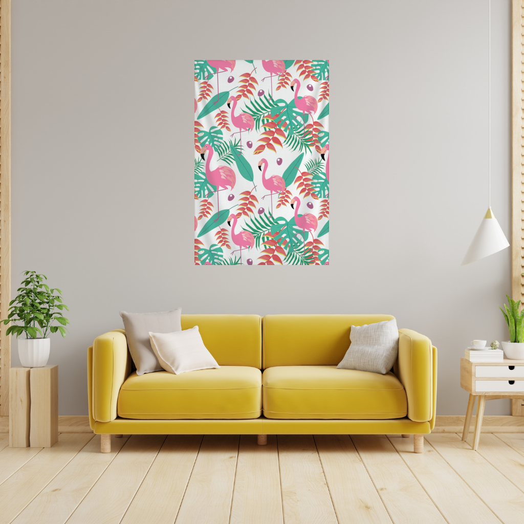 Pink Flamingo Tropical Leaves Wall Tapestry
