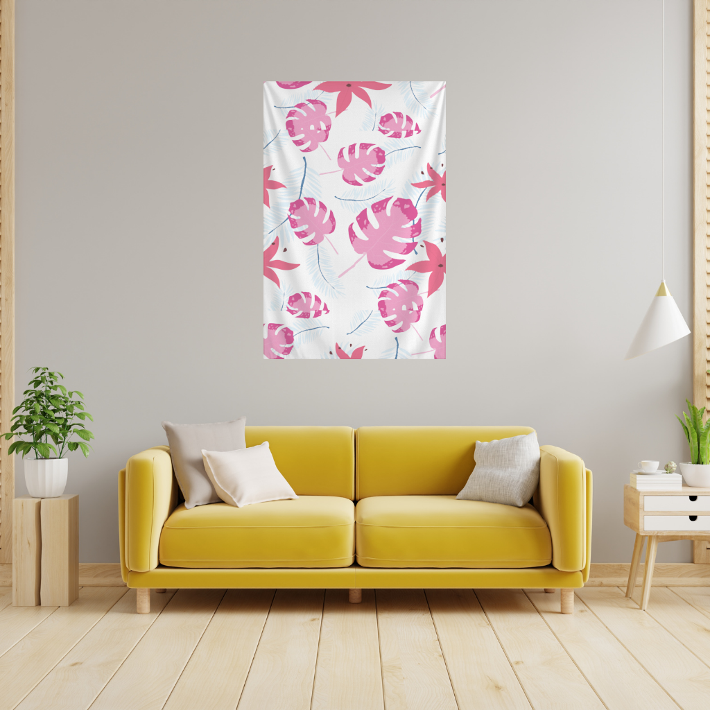 Pembe Monstera ve Tropikal Lilyum Duvar Örtüsü