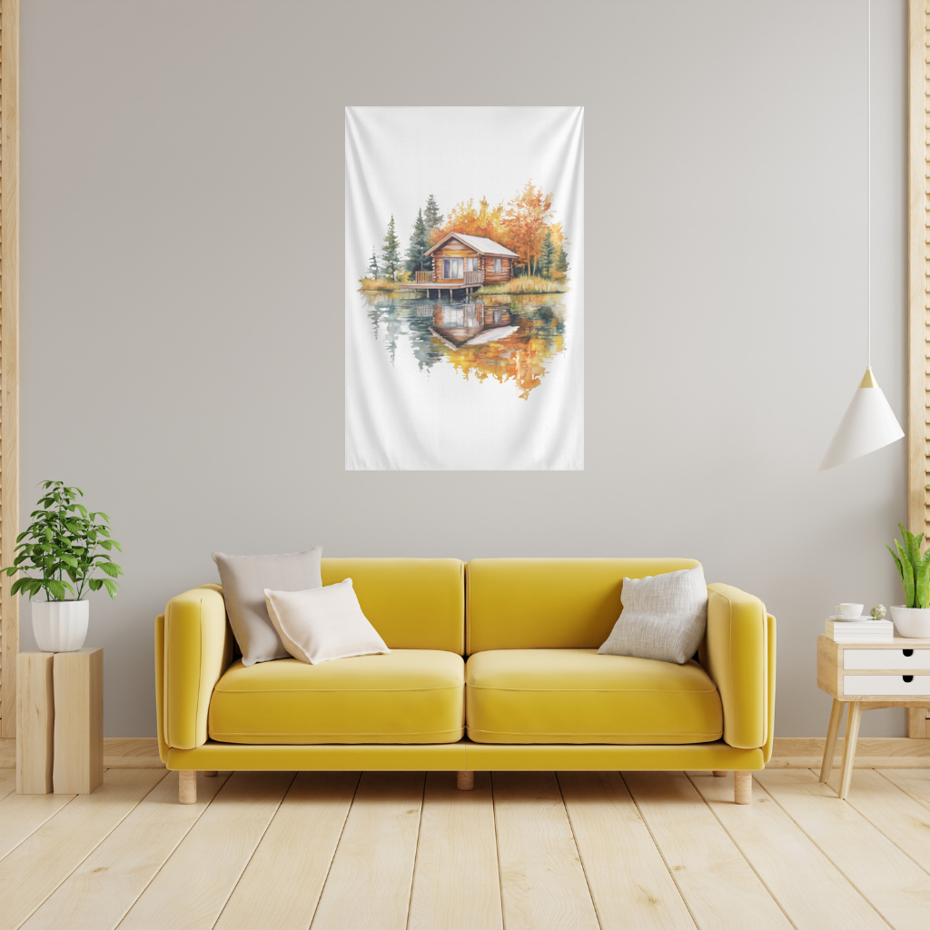 Göl Kenarı Kütük Ev ve Sonbahar Duvar Örtüsü