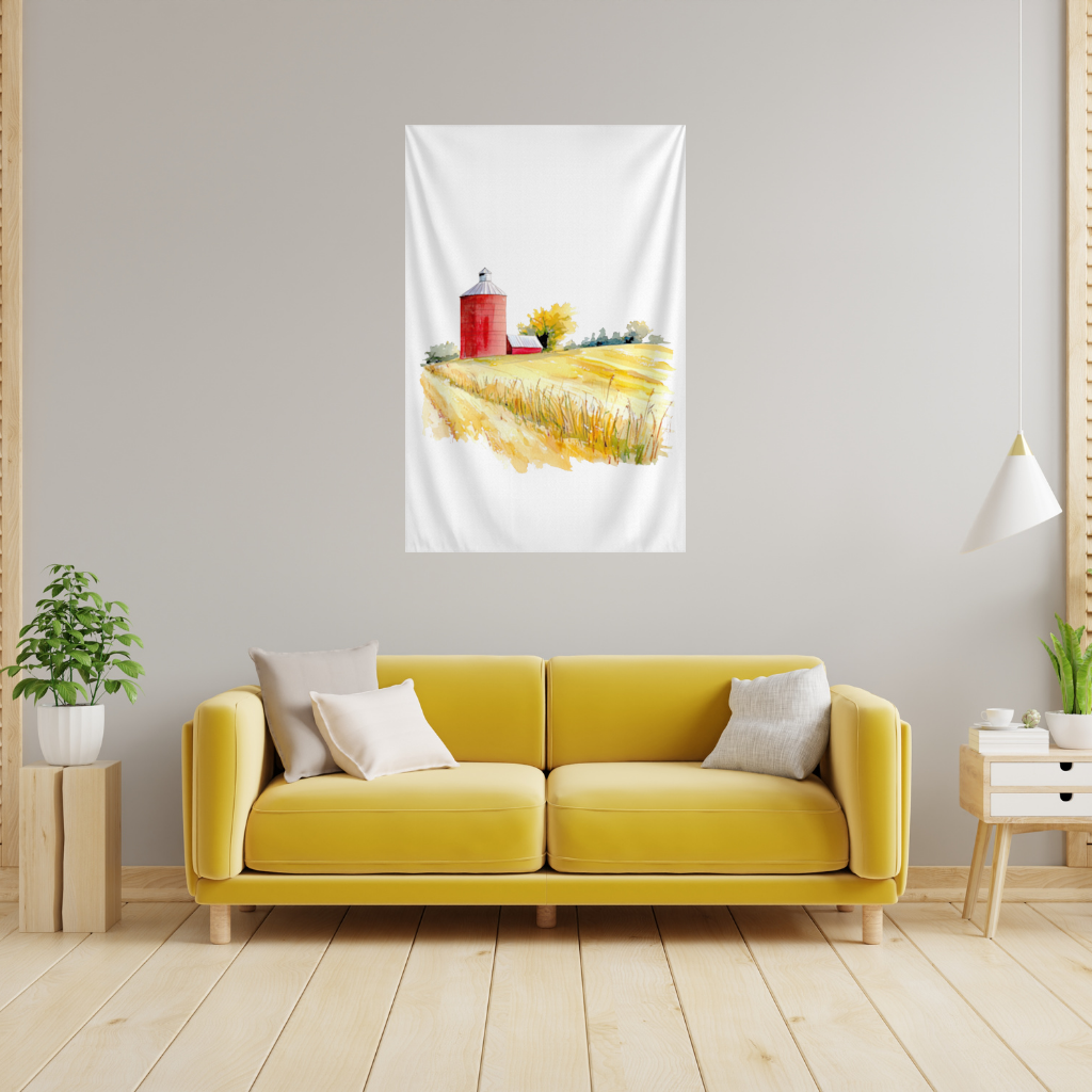 Red Farm Silo and Golden Wheat Field Wall Tapestry