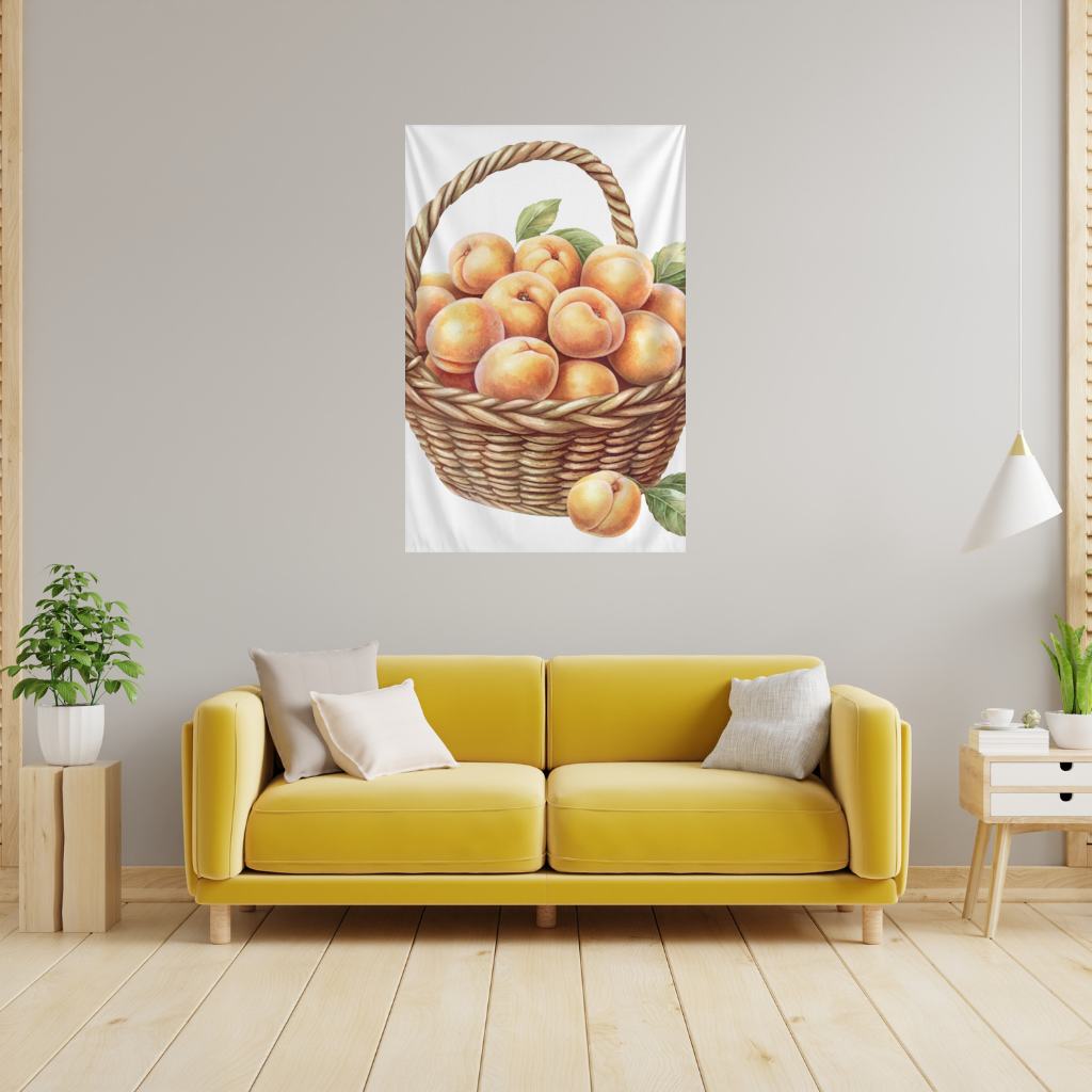 Fresh Peaches in Wicker Basket Wall Tapestry