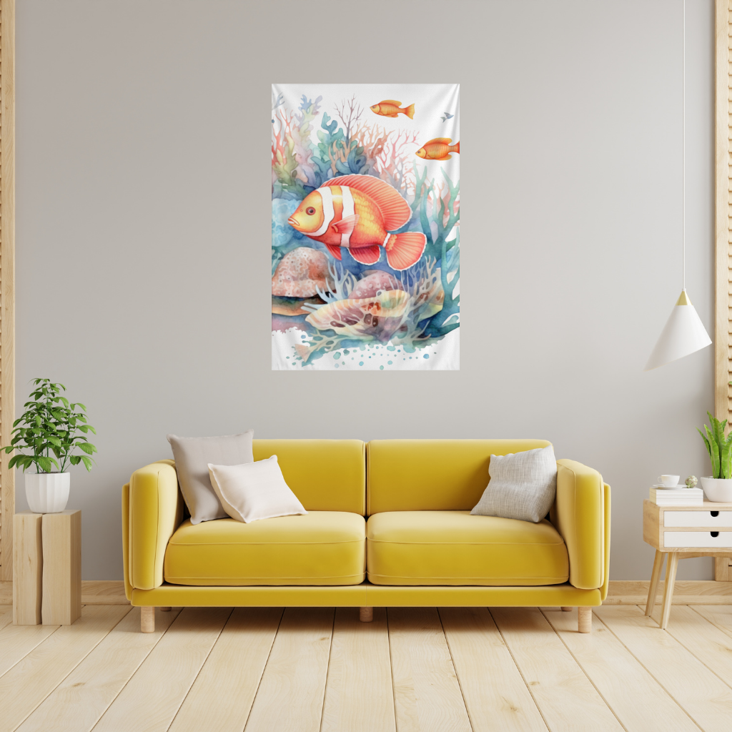 Watercolor Clownfish and Tropical Coral Reef Wall Tapestry