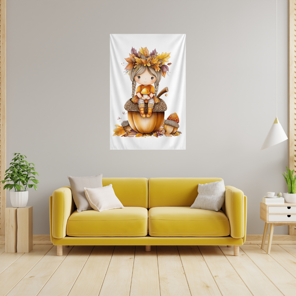 Autumn Acorn Mushroom Girl Wall Tapestry