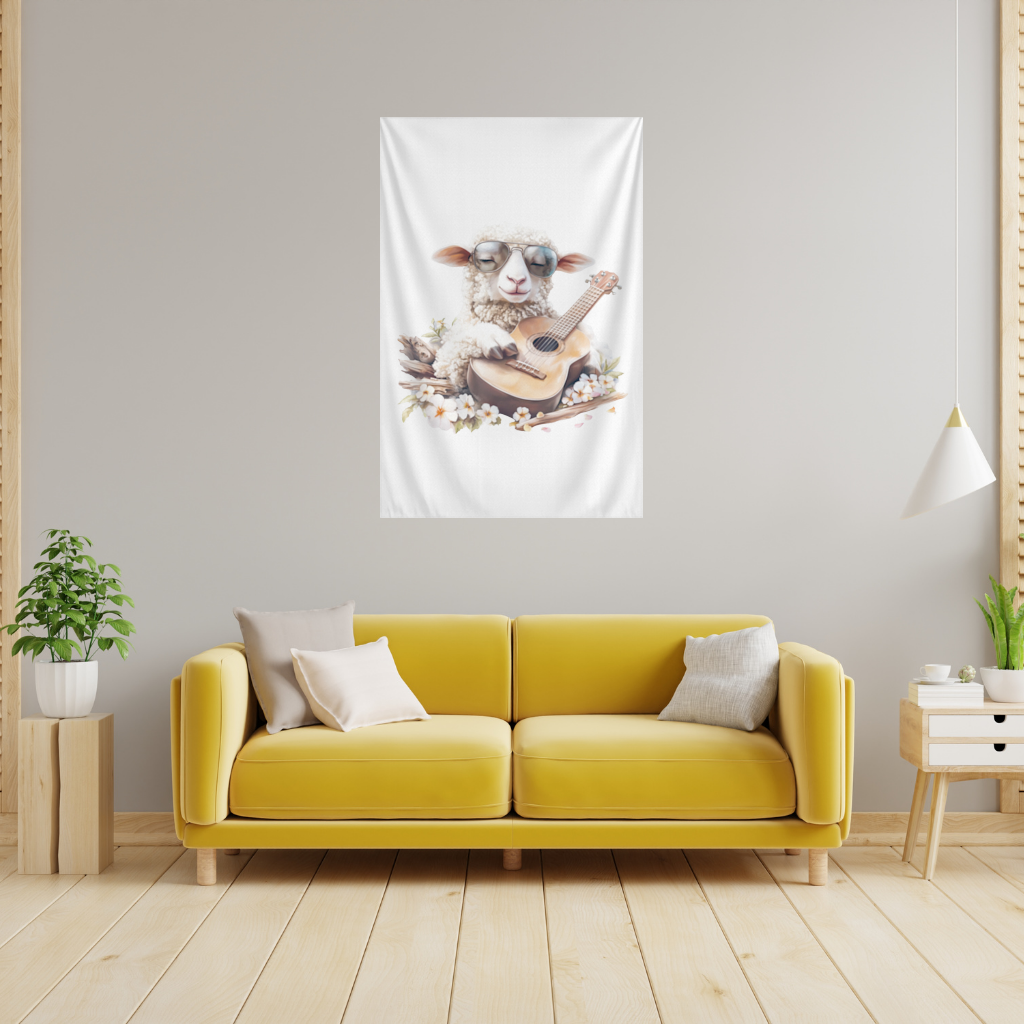 Cool Sheep Playing Ukulele with Flowers Wall Tapestry