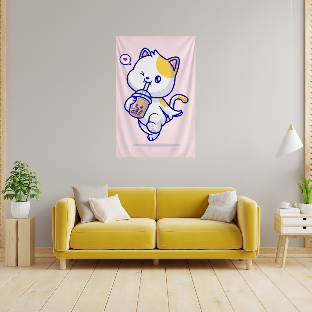 Kawaii Cat Drinking Boba Tea Wall Tapestry