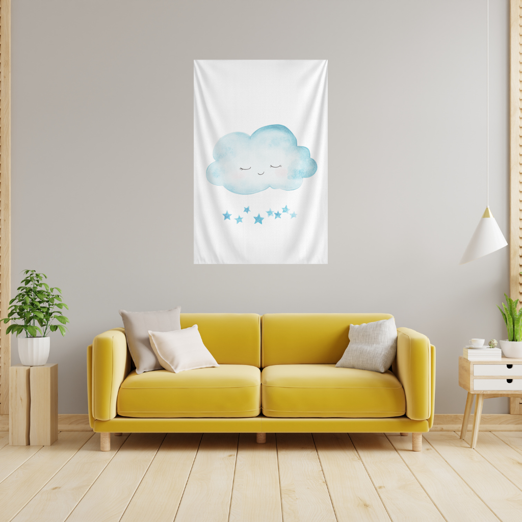 Watercolor Sleepy Cloud and Blue Stars Wall Tapestry