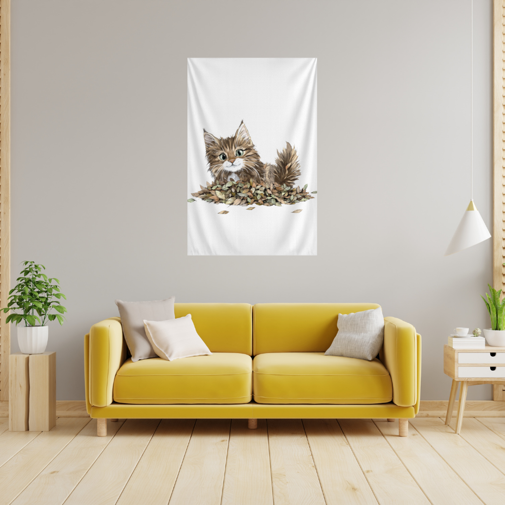 Cute Fluffy Kitten in Autumn Leaves Wall Tapestry