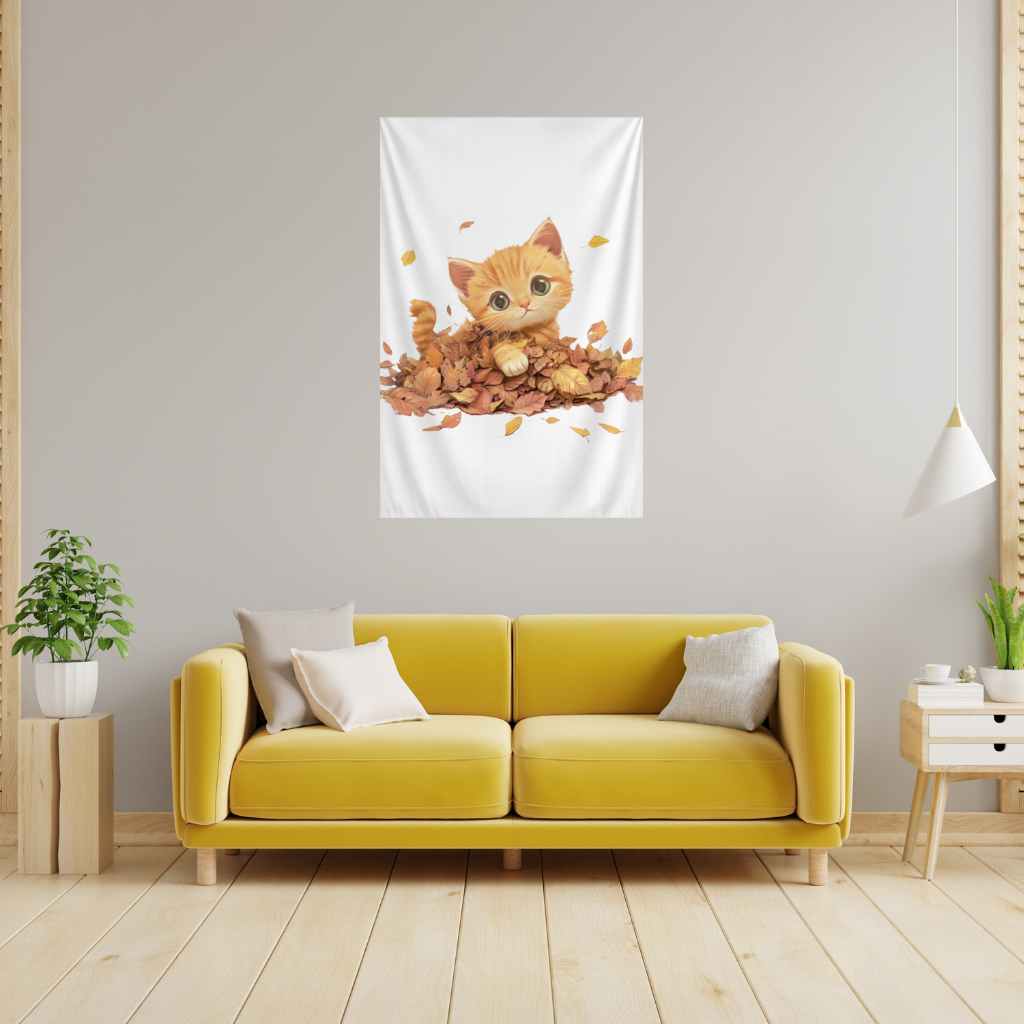Ginger Kitten in Autumn Leaves Wall Tapestry