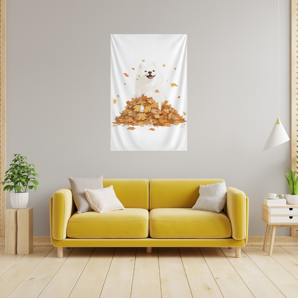 Happy White Dog in Autumn Leaves Wall Tapestry