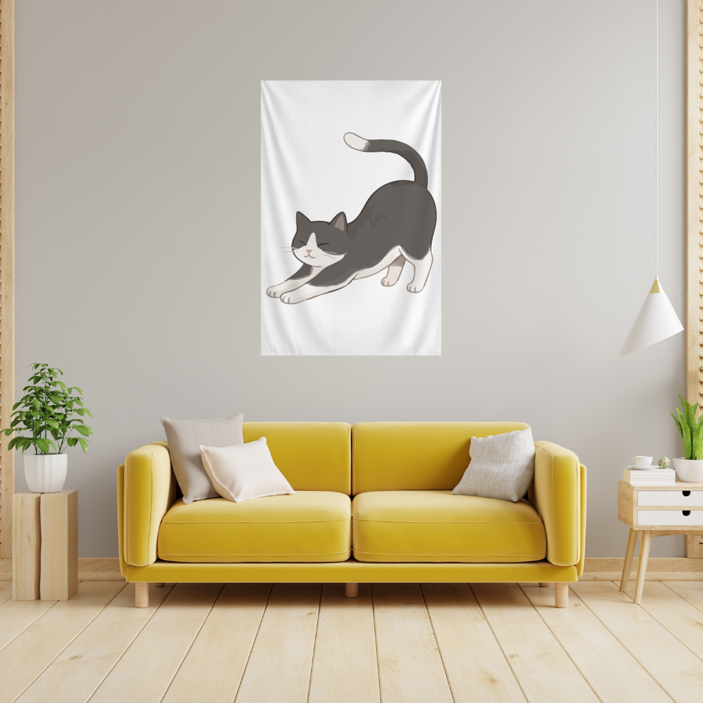 Stretching Tuxedo Cat Wall Tapestry
