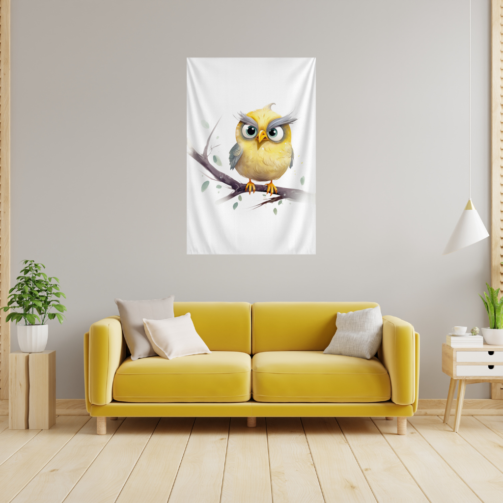 Grumpy Yellow Owl Wall Tapestry